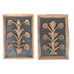 Wooden Hand Carved Leave & Flower Plant Wall Plaques Set of 2 Boho MCM Vintage
